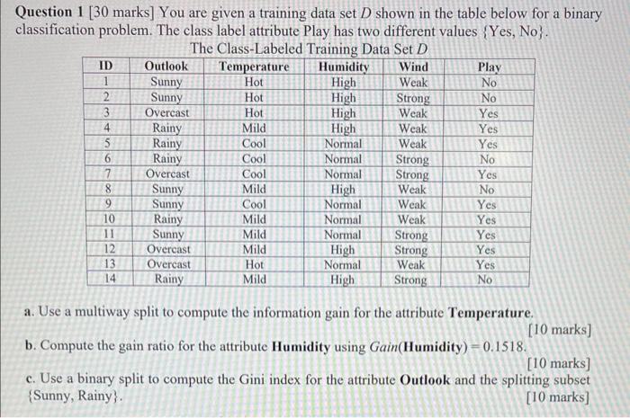  Question 1 [ 30 marks] You are given a training data