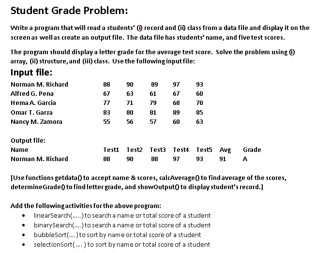  Language is C++ Student Grade Problem: Write a program that will