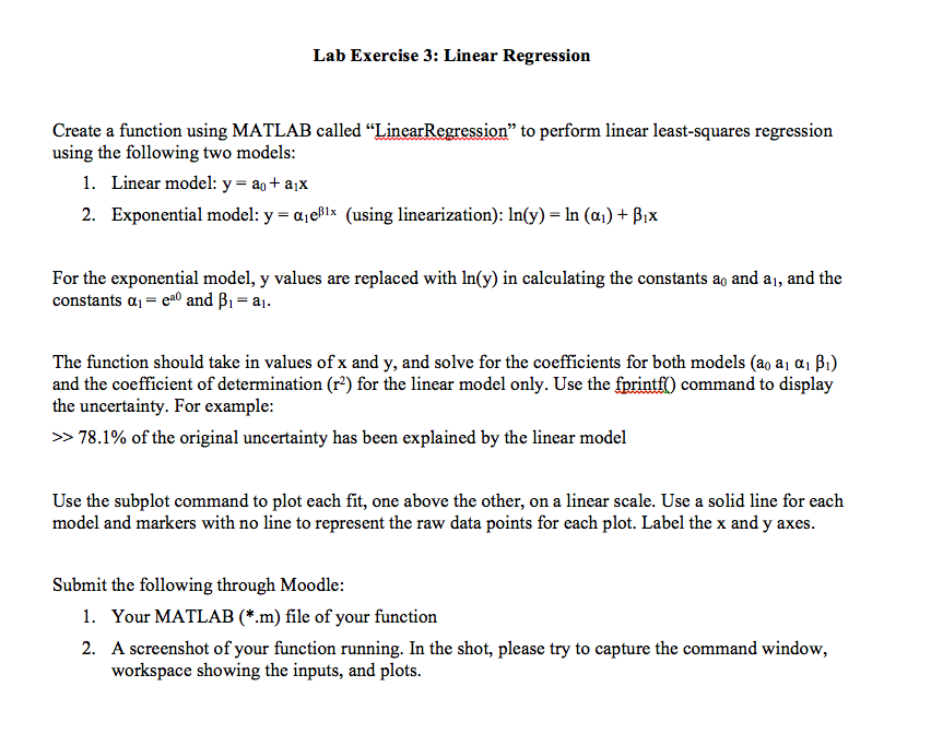  Lab Exercise 3: Linear Regression Create a function using MATLAB called