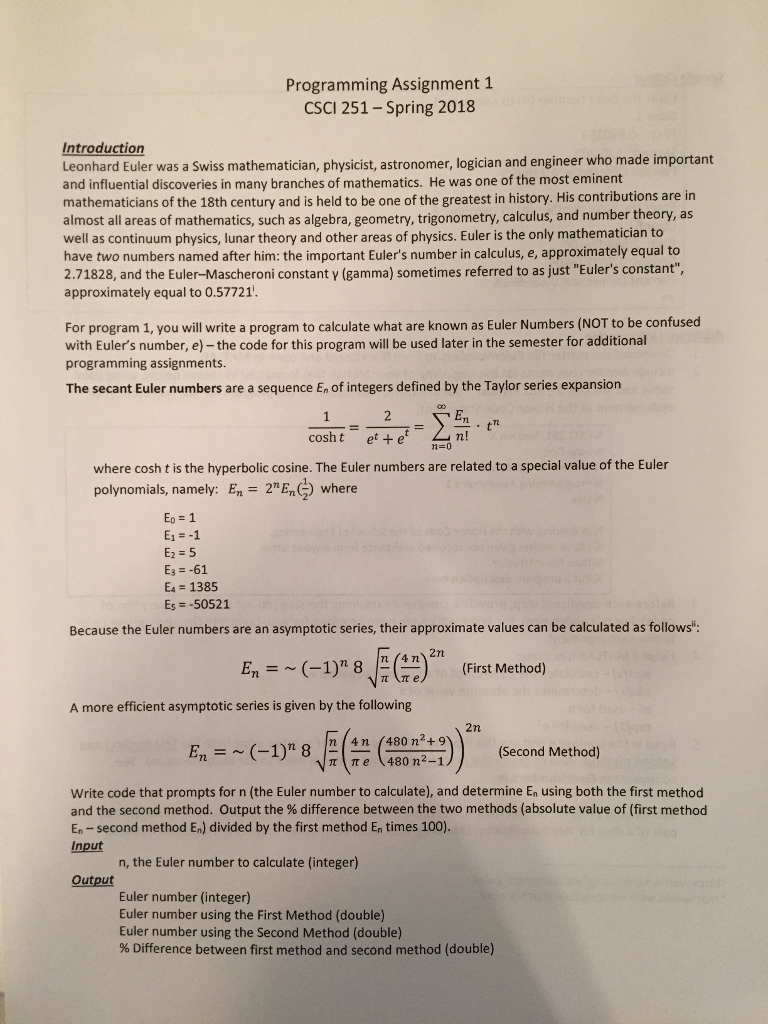  Programming Assignment 1 CSCI 251 - Spring 2018 Introduction Leonhard Euler