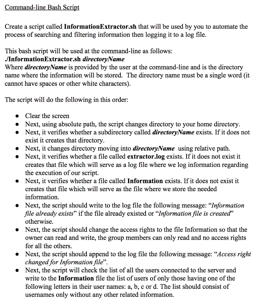 ommand-line Bash Scri Create a script called InformationExtractor.sh that will be