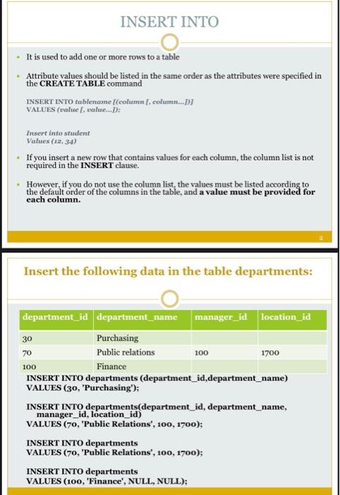  INSERT INTO It is used to add one or more rows