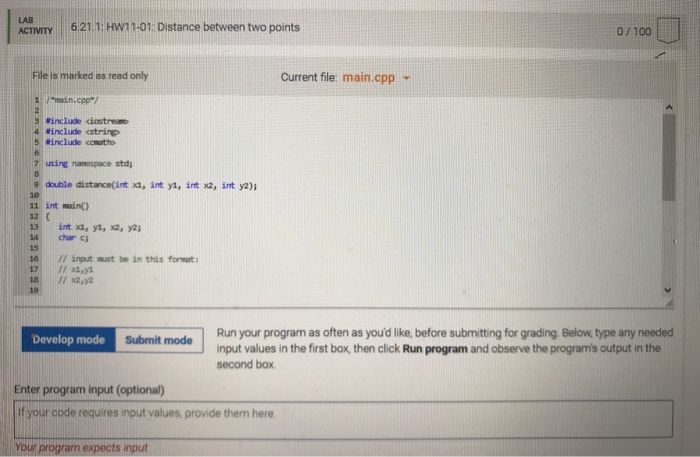 code (not main.cpp) main.cpp is used for reference. Using input: 0,0 10,10