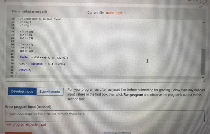 Need output to be: Distance: 14.1421 6.21 HW11-01: Distance between two points