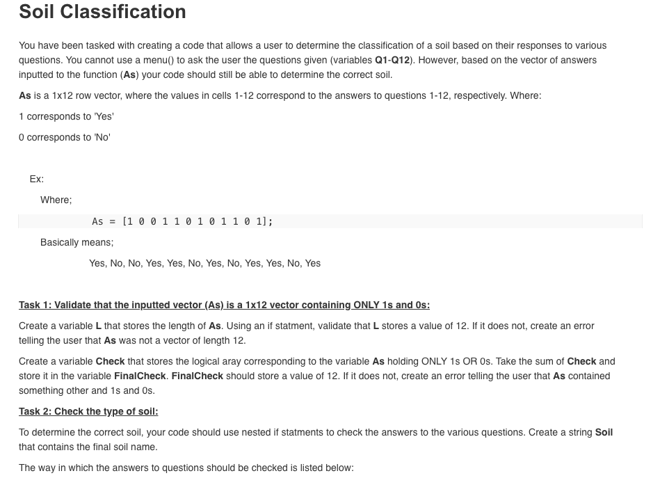  MATLAB HELP Soil Classification You have been tasked with creating a