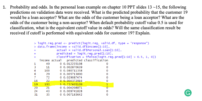 1. Probability and odds. In the personal loan example on chapter