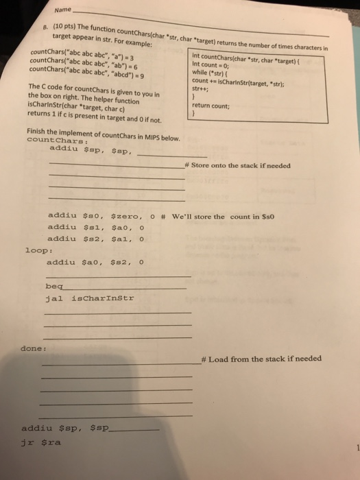  Name (10 pts) The function countChars charstr chartarget) returns the number