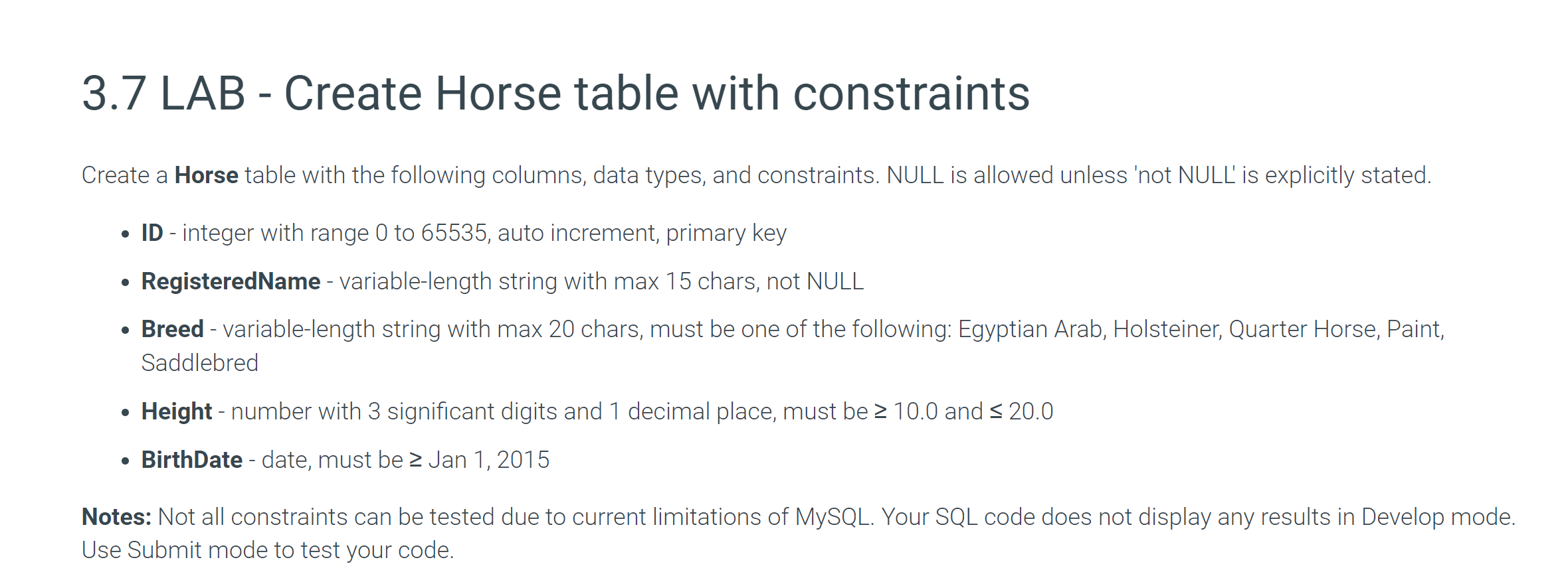  Create Horse table with constraints3.7 LAB - Create Horse table with