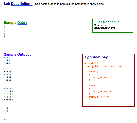 Lab Description Use nested loops to print out the box pattern