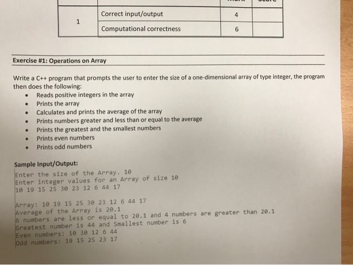  Correct input/output 4 Computational correctness Exercise #1: Operations on Array Write