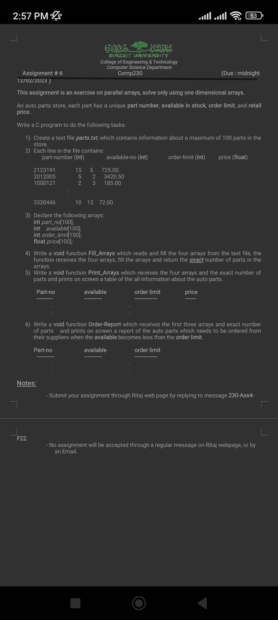  This assignment is an exercise on parallel arrays, solve only using