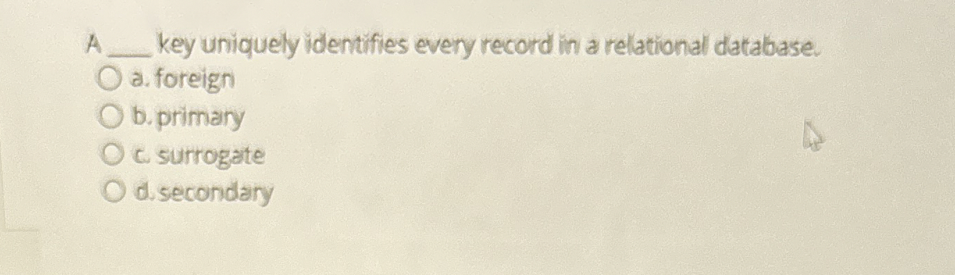  A q, key uniquely identifies every record in a relational database.