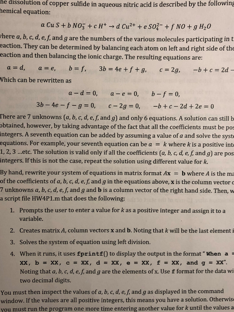 Can you kind solve this problem in MATLAB? he dissolution of copper