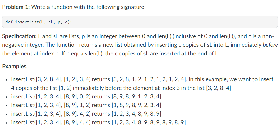  Specification: L and sL are lists, p is an integer between