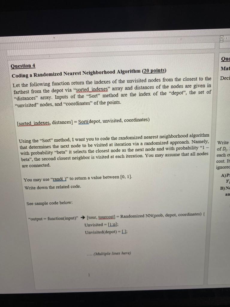  Que Mat Deci Question 4 Coding a Randomized Nearest Neighborhood Algorithm
