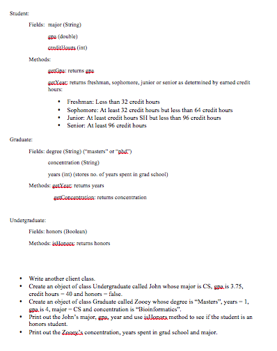 Undergraduate is given. Fields and methods for cach class are given below