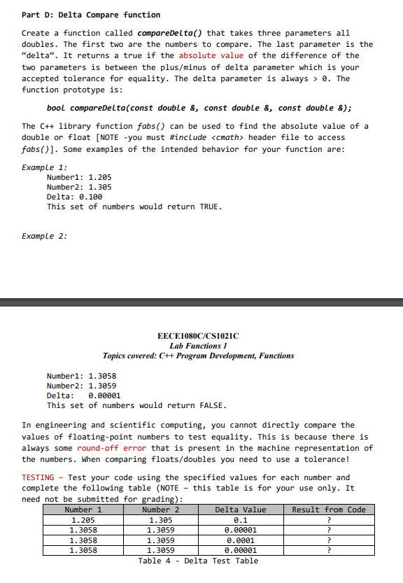 c++ must use func prototype Part D: Delta Compare function Create a