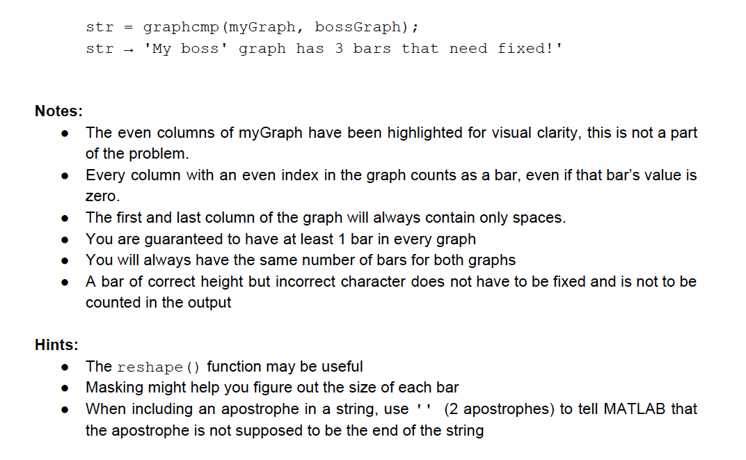 1. (char) A MxN char array representing a bar graph 2. (char)