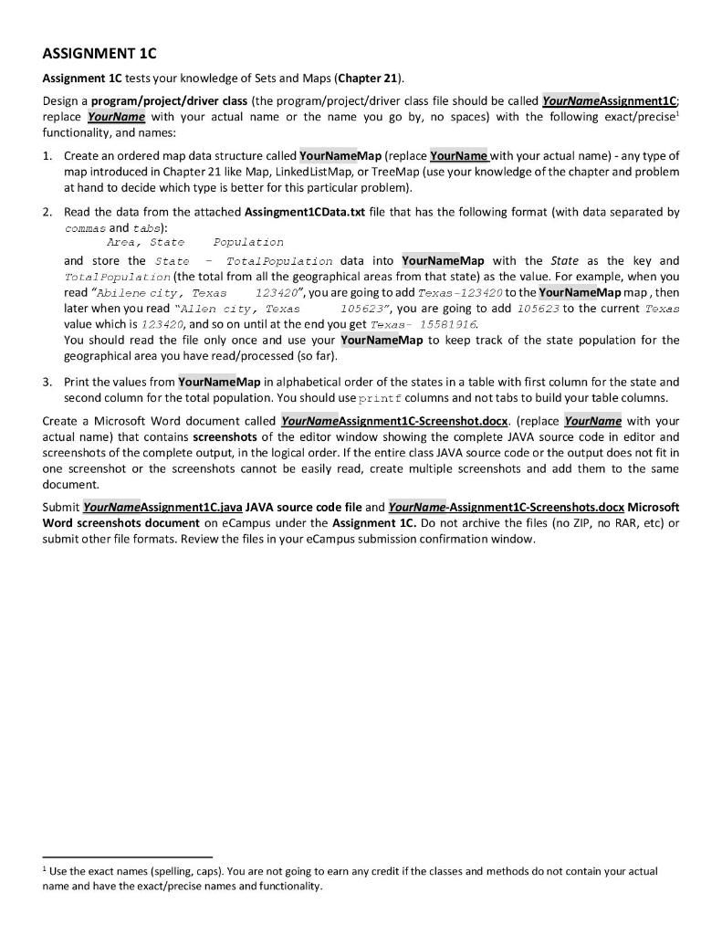 (Program should be in Java) Sample Assignment1CData.txt Abilene city, Texas 123420 Akron