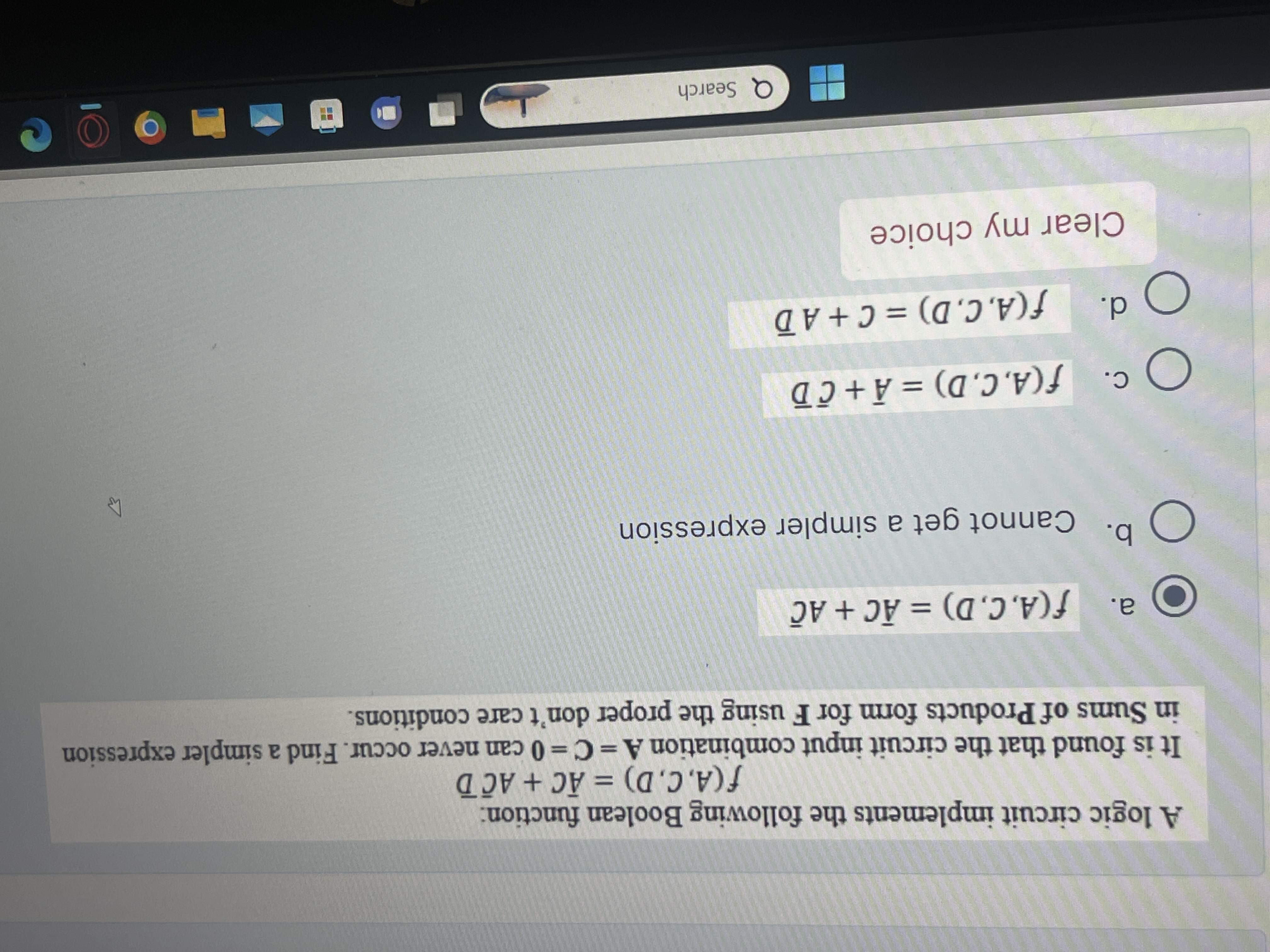  A logic circuit implements the following Boolean function: f(A,C,D)?b=ar(A)C+AbarCbar(D) It is