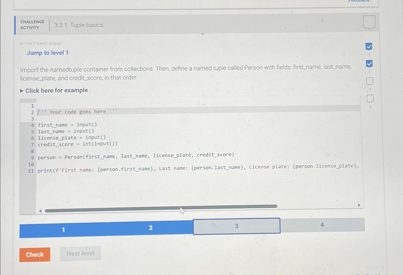  CHALLENGE ACTIVITY 3.3.1: Tuple basics. 547148.3154642 qx824y7 Jump to level 1