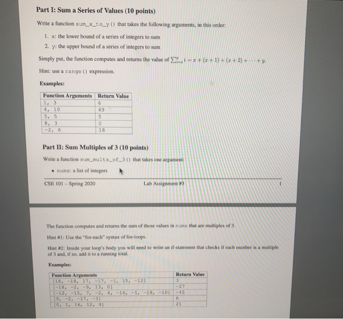 python program Part I: Sum a Series of Values (10 points) Write
