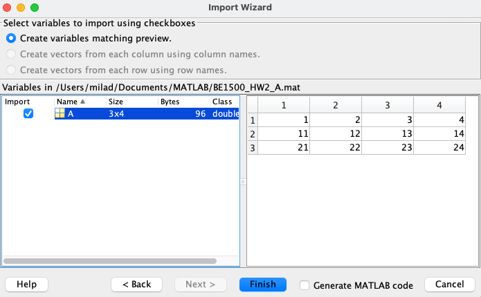  Select variables to import using checkboxes Create variables matching preview. Create