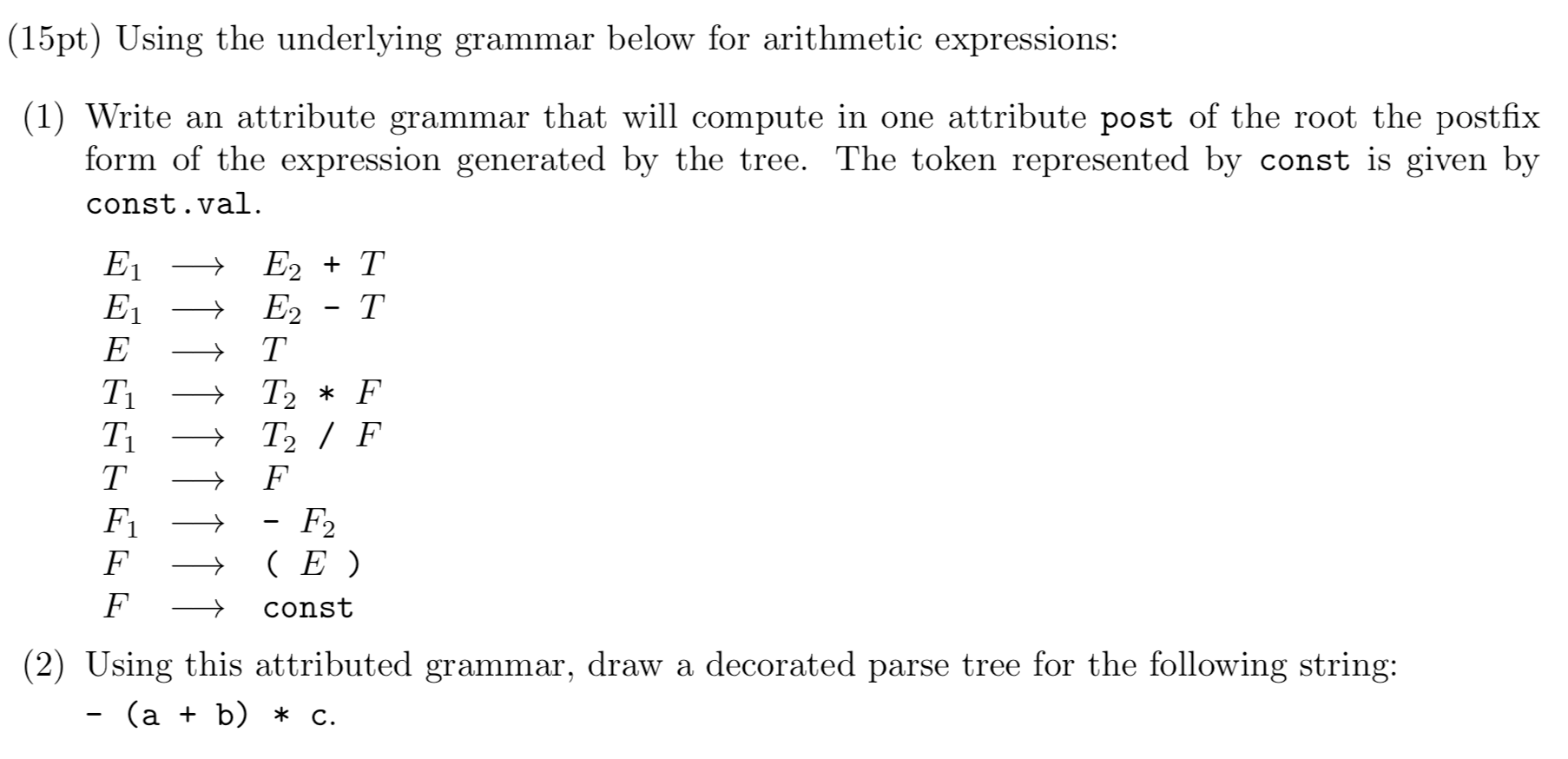  (15pt) Using the underlying grammar below for arithmetic expressions: (1) Write