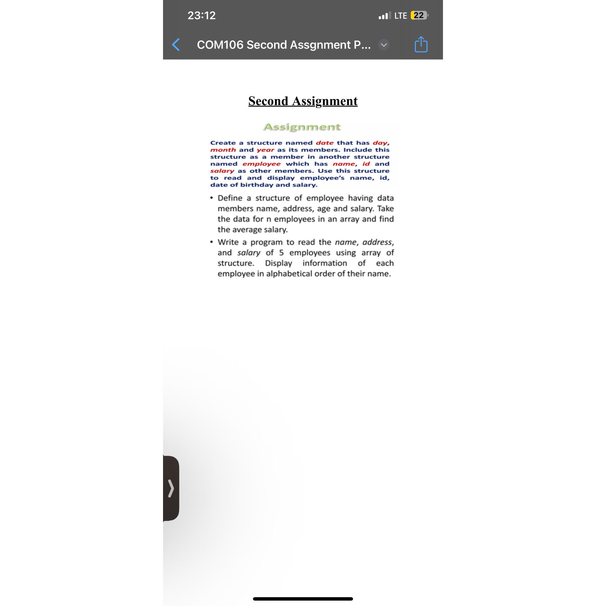  23:12 . I LTE 22 COM106 Second Assgnment P... Second Assignment