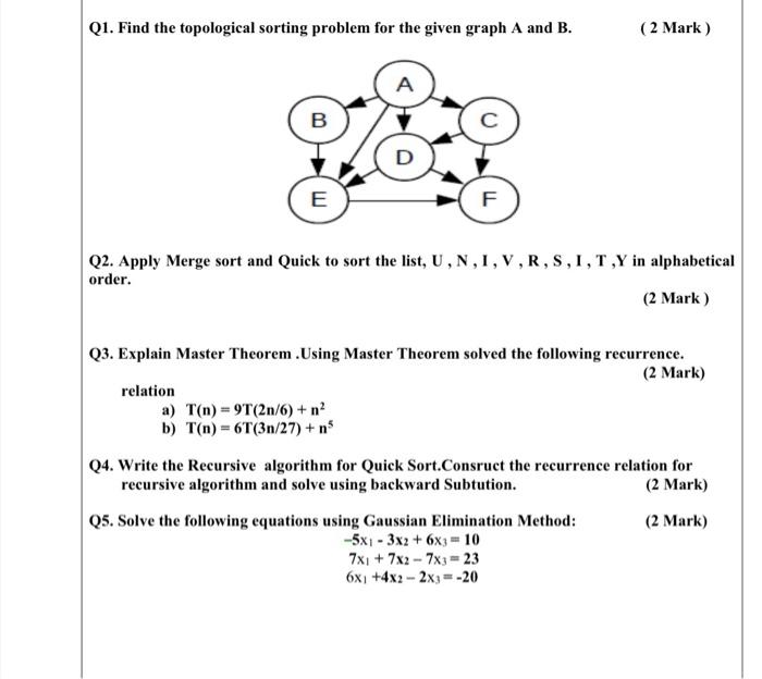  Q1. Find the topological sorting problem for the given graph A