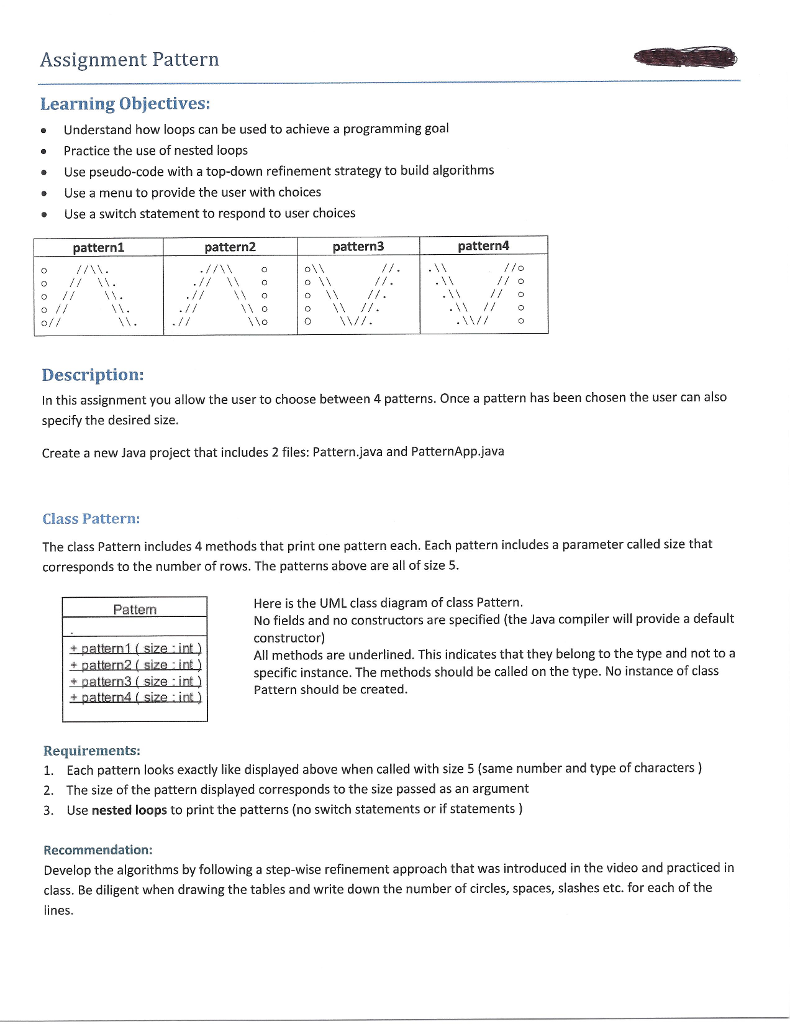 What is the code in Java? Create Pattern.java and PatternApp.java Follow the
