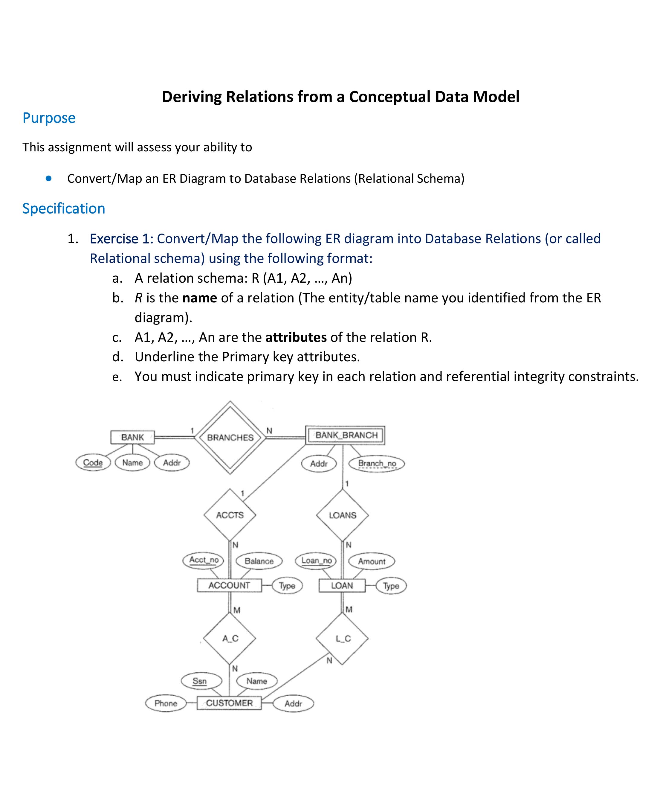  Convert/Map an ER Diagram to Database Relations (Relational Schema) Specification 1.