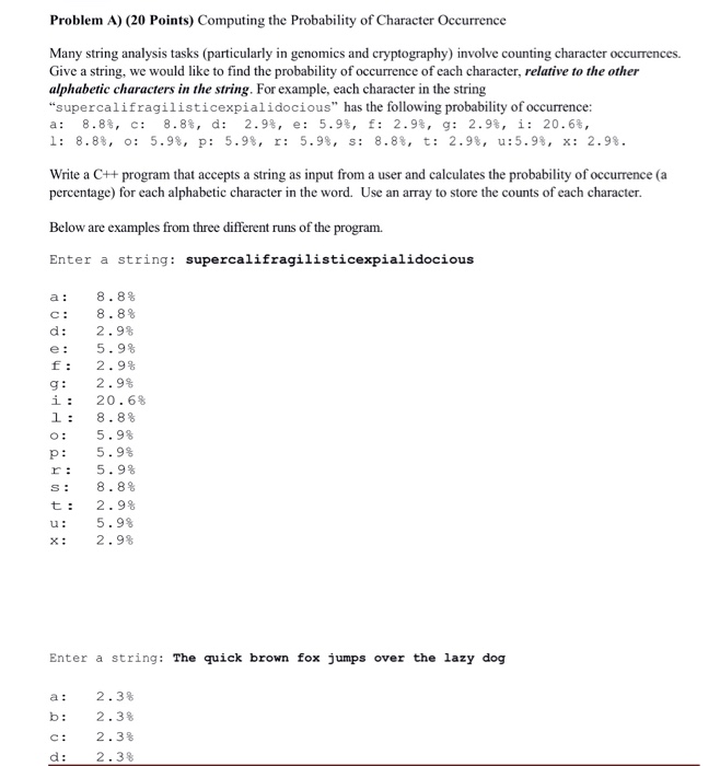 Problem A) (20 Points) Computing the Probability of Character Occurrence Many