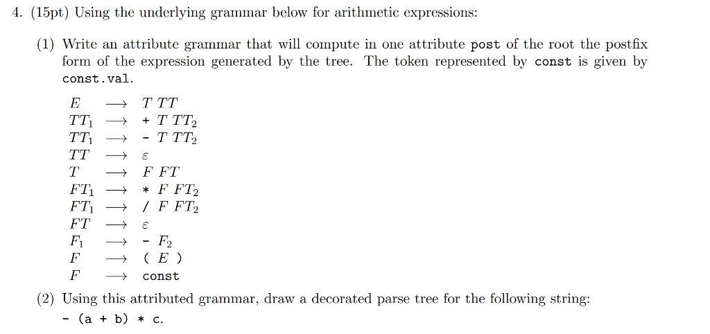 4. (15pt) Using the underlying grammar below for arithmetic expressions: (1)