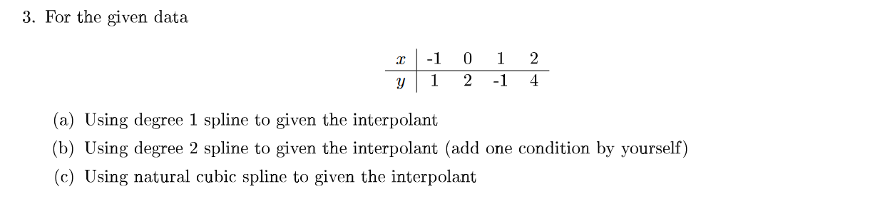  For the given data (a) Using degree 1 spline to given