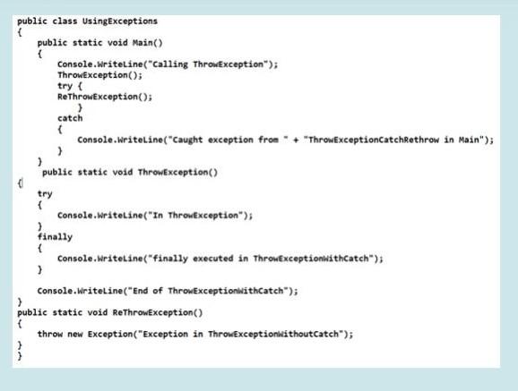  public class UsingExceptions public static void Main() Console.WriteLine("Calling ThrowException"); ThrowException(); try