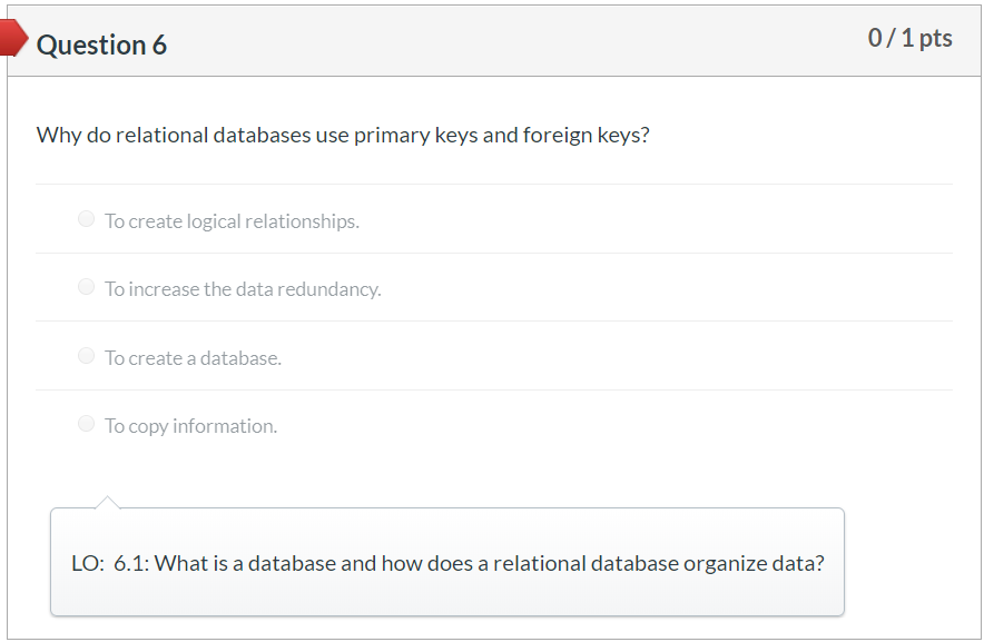  Question 6 0/1 pts Why do relational databases use primary keys