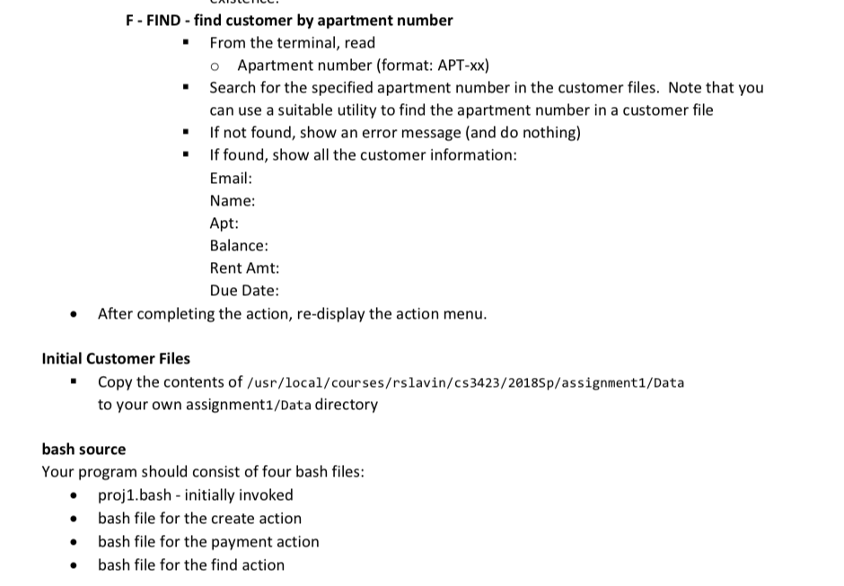 file" echo "P - accept a customer file" echo "F - find