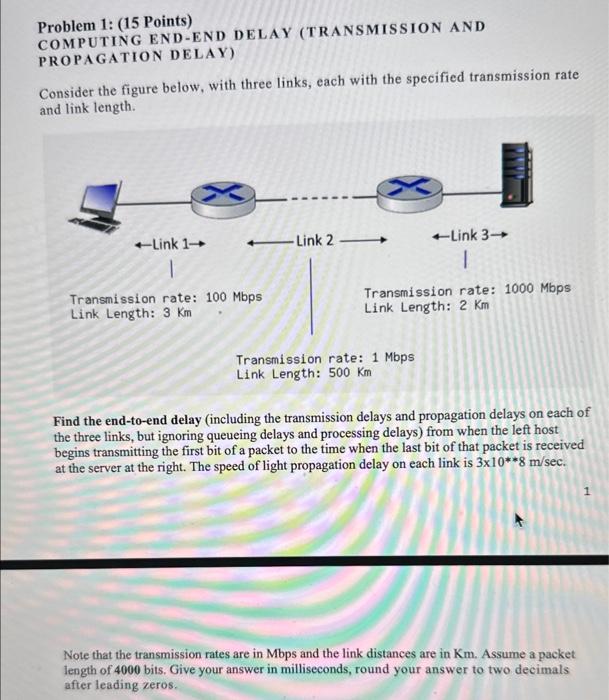  Problem 1: (15 Points) COMPUTING END-END DELAY (TRANSMISSION AND PROPAGATION DELAY)