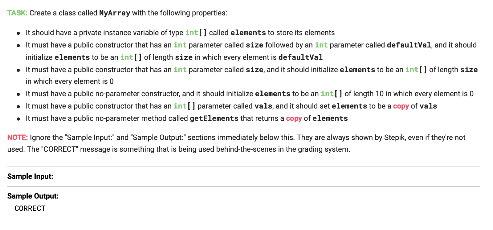 in java TASK: Create a class called MyArray with the following properties: