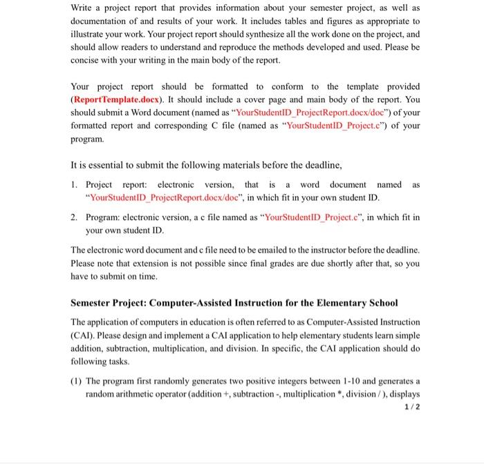  project Write a project report that provides information about your semester