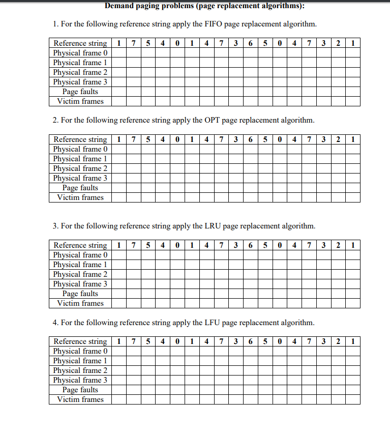 Demand paging problems (page replacement algorithms): 1. For the following reference