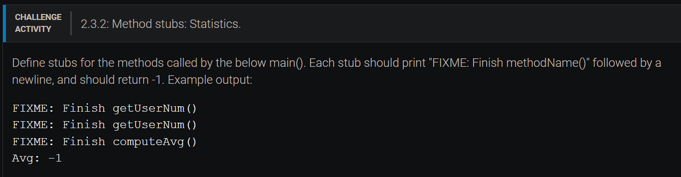  2.3.2: Method stubs: Statistics. Define stubs for the methods called by