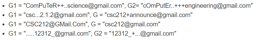 g1 and g2, which are two valid gmail addresses. The function will