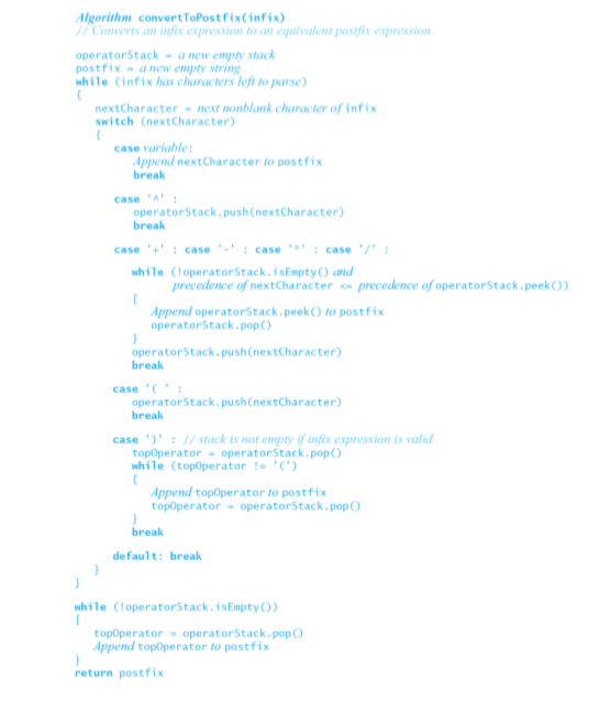 JAVA need help to implement the algorithm convertToPostfix(infix) into a LinkedStack adt.
