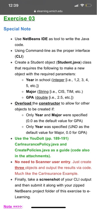  12:39 elearning.wmich.edu Exercise 03 Special Note Use NetBeans IDE as tool