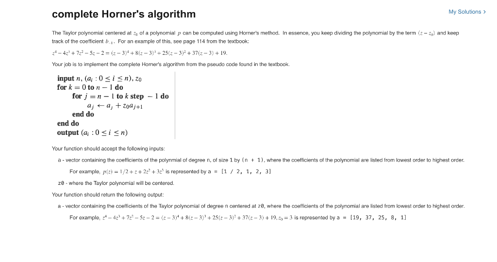complete Horner's algorithm My Solutic The Taylor polynomial centered at z0