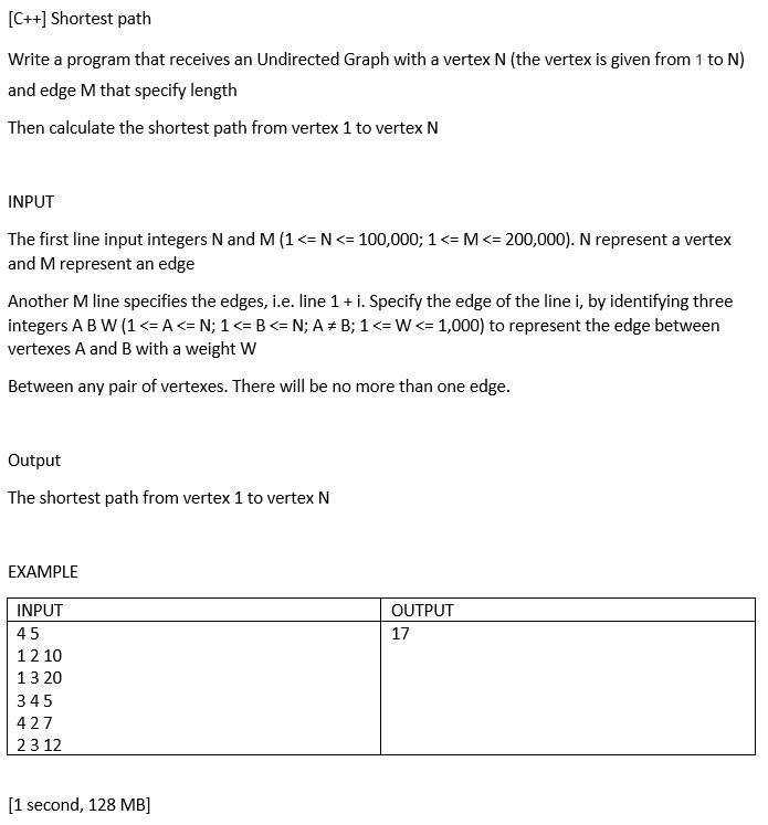  [C++] Shortest path Write a program that receives an Undirected Graph