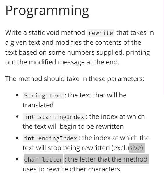  Programming Write a static void method rewrite that takes in a