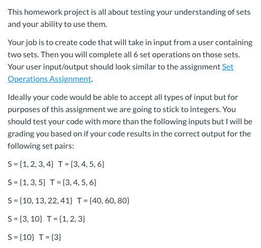 Please code in Java Here are the set operations you must follow